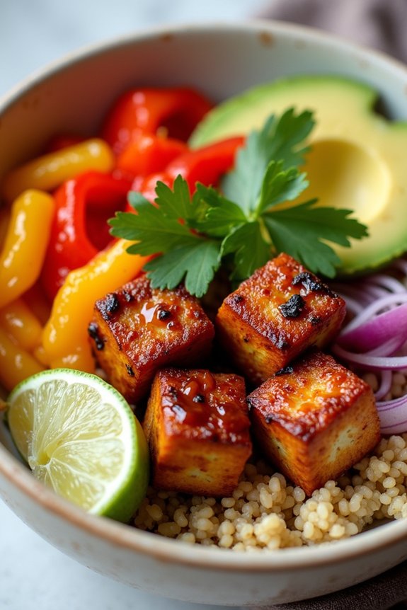 bbq tofu quinoa rice bowl