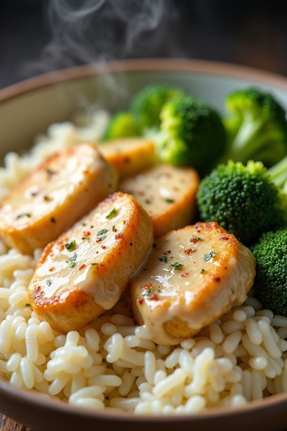 creamy chicken broccoli rice bowl