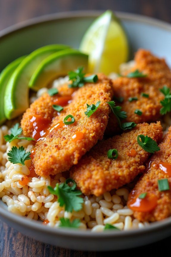 crispy chicken avocado rice bowl