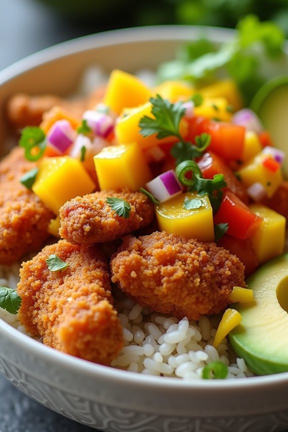 crispy chicken mango rice bowl