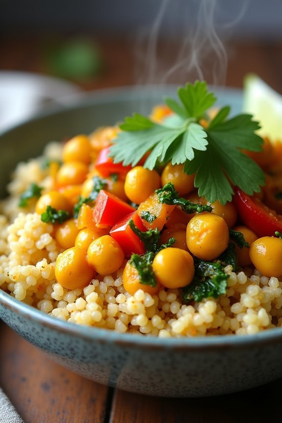 curried chickpea quinoa rice bowl