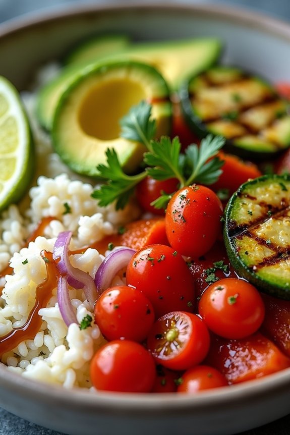 grilled vegetable avocado rice bowl
