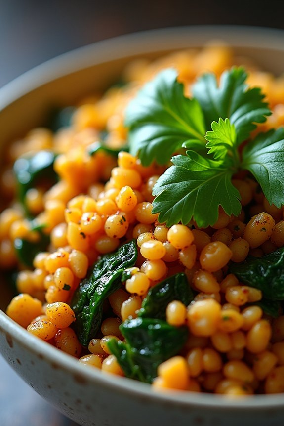 hearty lentil spinach rice bowl