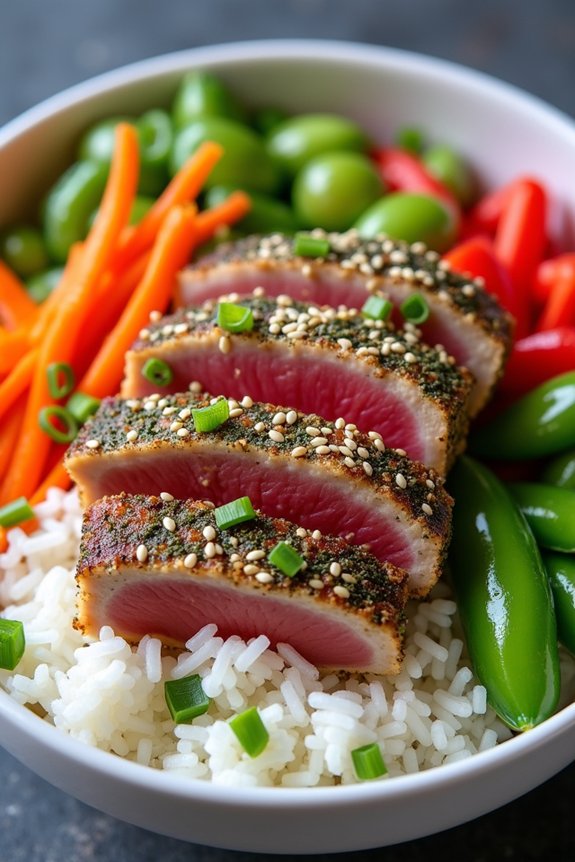 herb crusted tuna rice bowl