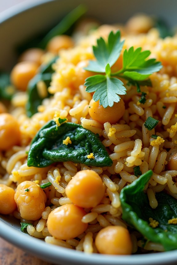 lemony spinach chickpea rice bowl