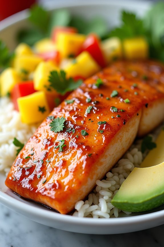 mango salsa salmon rice bowl