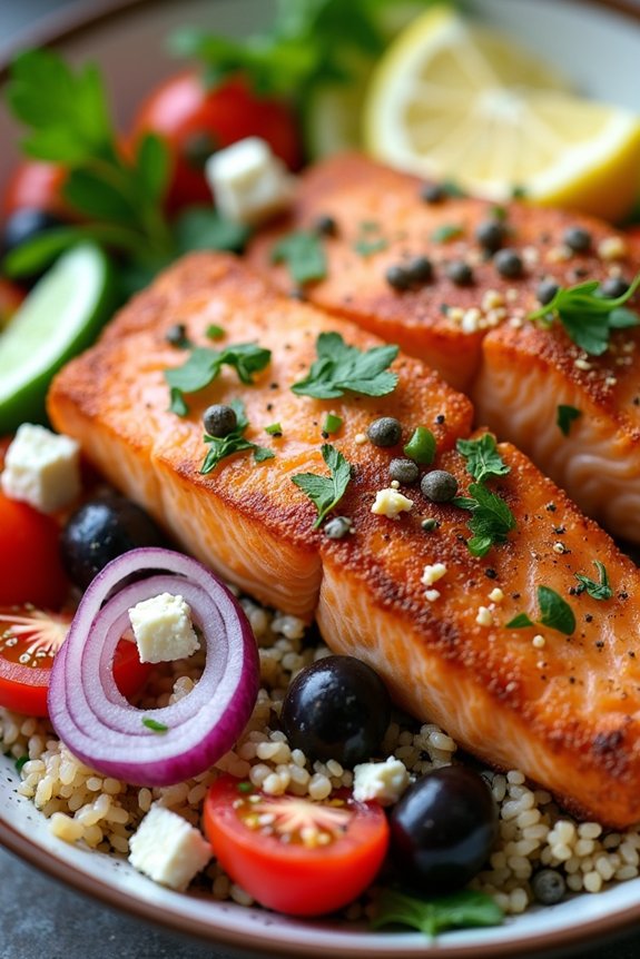 mediterranean salmon rice bowl