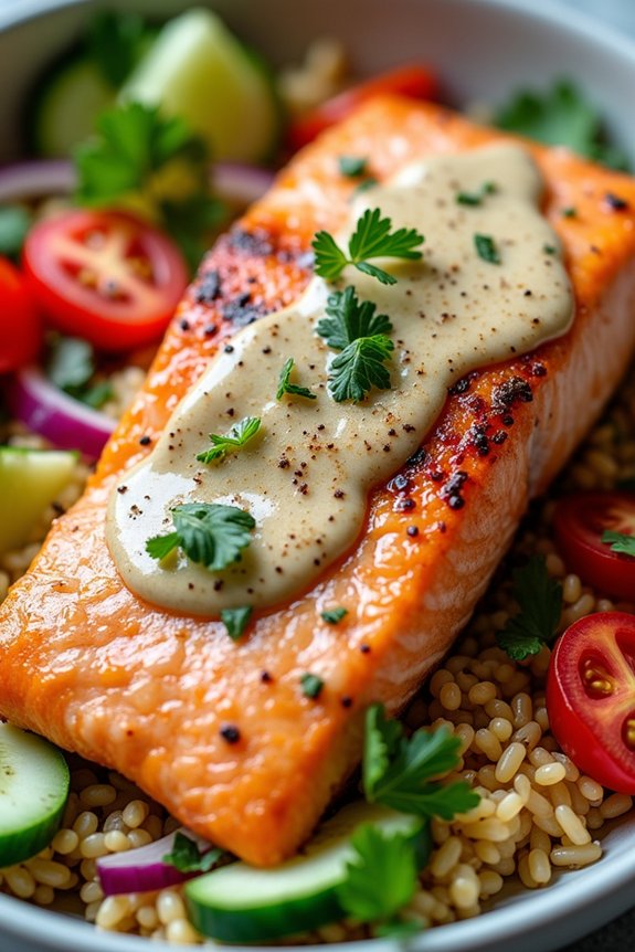 mediterranean salmon rice bowl