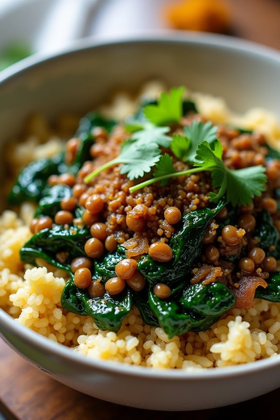 nutritious lentil spinach bowl