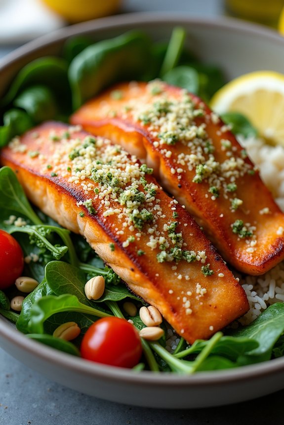 pesto parmesan salmon rice bowl