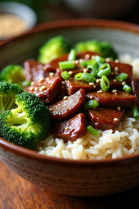 savory beef broccoli rice bowl