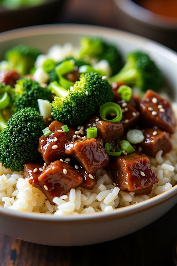 savory beef broccoli rice bowl