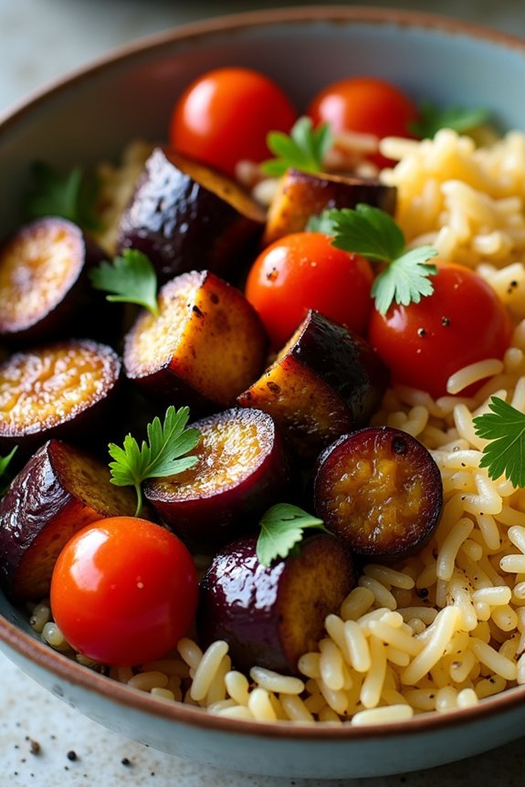 smoky eggplant tomato rice bowl