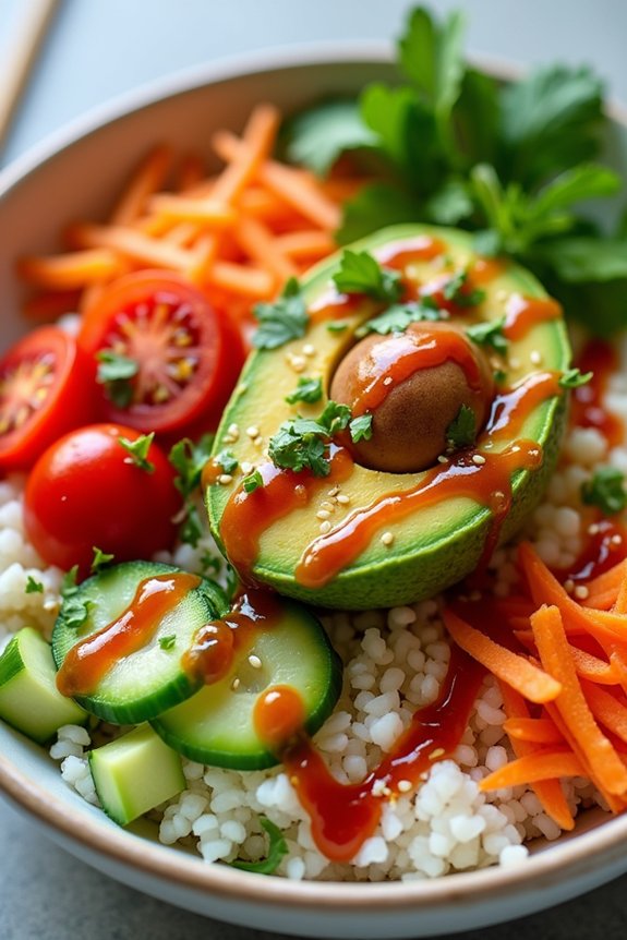spicy avocado rice bowl