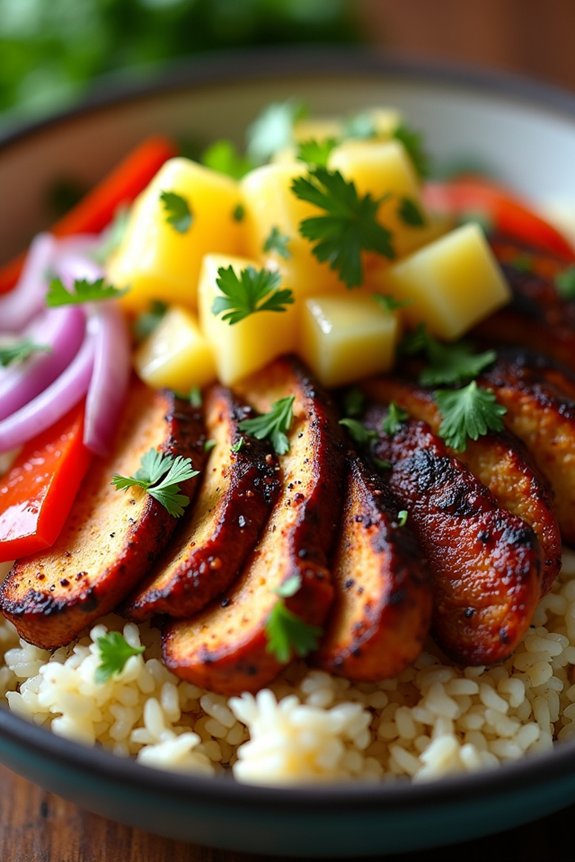 spicy caribbean chicken rice bowl