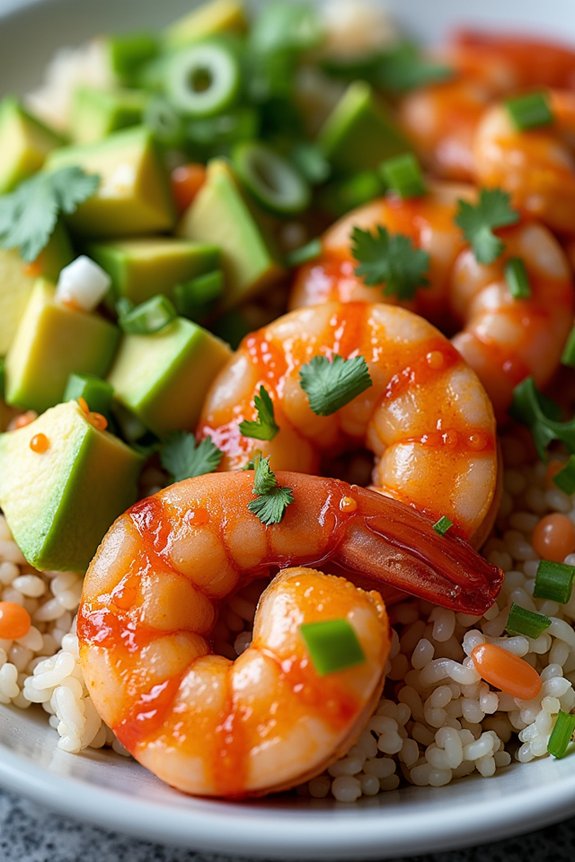 spicy shrimp avocado rice bowl