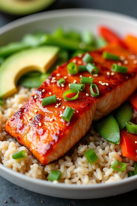sriracha honey salmon rice bowl